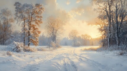 Obraz premium Winter Sunset Over Snowy Path Through Forest