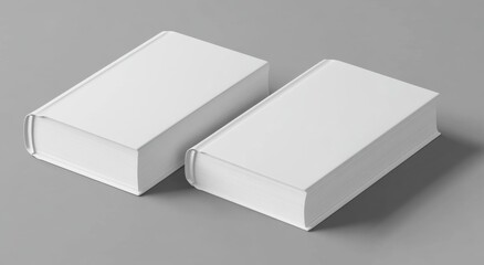  3D rendering of three blank white book cover mockups viewed from the top, set against a softly blurred gray background.