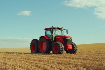 Obraz premium Red Tractor Working in Golden Field Landscape