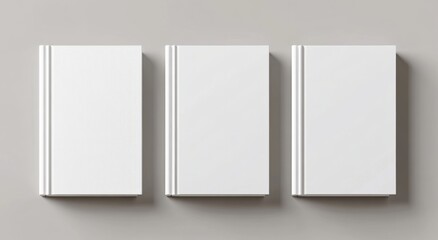  3D rendering of three blank white book cover mockups viewed from the top, set against a softly blurred gray background.
