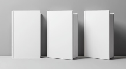  3D rendering of three blank white book cover mockups viewed from the top, set against a softly blurred gray background.
