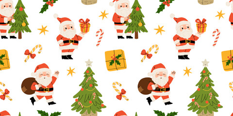 Christmas seamless pattern with santa claus, christmas tree, presents and sweets. Flat cartoon illustration for wrapping paper, textile, background.