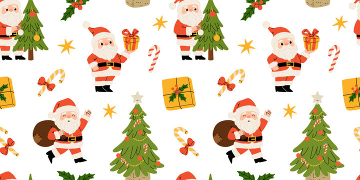 Christmas seamless pattern with santa claus, christmas tree, presents and sweets. Flat cartoon illustration for wrapping paper, textile, background.