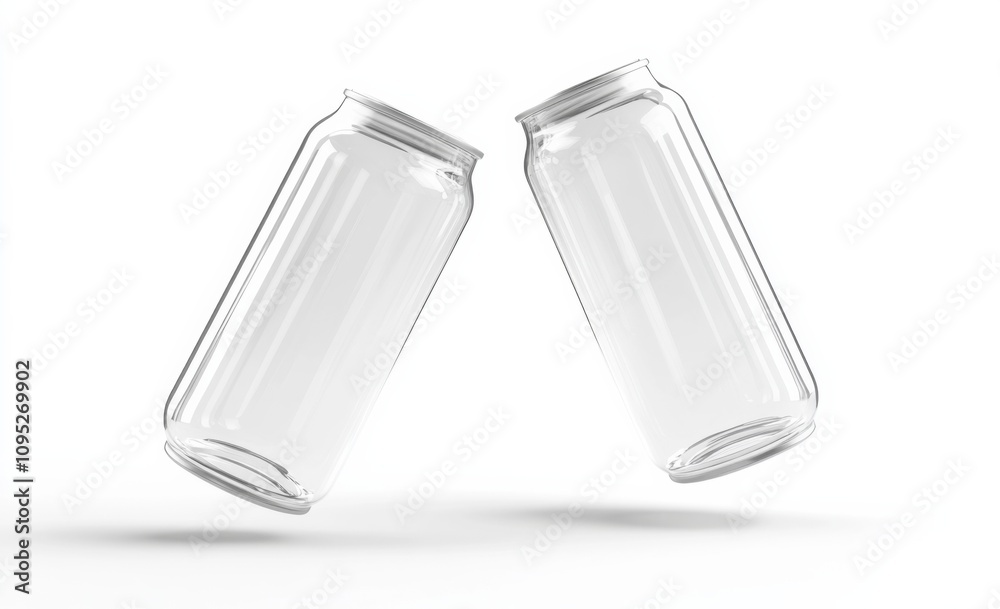 Fototapete 3D rendering of two empty glass soda cans floating in the air, with one tilted and filled with water droplets, set against a clean white background. 