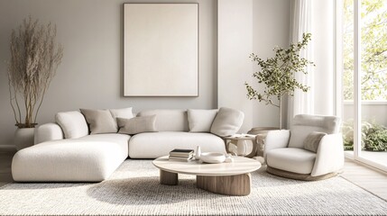 Modern minimalist interior design with white sofa and wooden furniture