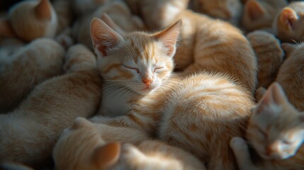 Sweet Dreams: Kittens Cuddled Up Together.Concept of Warmth, comfort, friendship, innocence, cuteness,Pet products, pet care, children's products, wallpaper and home decor.