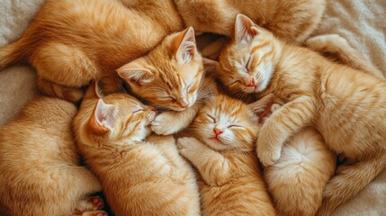 Sweet Dreams: Kittens Cuddled Up Together.Concept of Warmth, comfort, friendship, innocence, cuteness,Pet products, pet care, children's products, wallpaper and home decor.