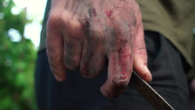 The maniac is waiting for his victim with a knife in his bloody hand. 