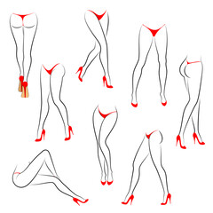 Collection. Silhouette of a beautiful female figure, legs in red high-heeled shoes and a bikini. Standing method. The mouth is thin. Set of vector illustrations