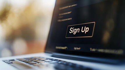 A close-up of a laptop screen displaying a "Sign Up" button, suggesting online registration or account creation.