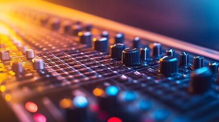 Close-up of a sound mixer control panel with knobs and faders illuminated in warm and cool lighting.