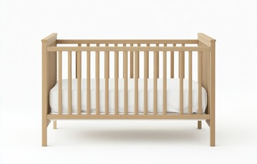  a light wood baby crib with white cushions on the sides, set against a white background
