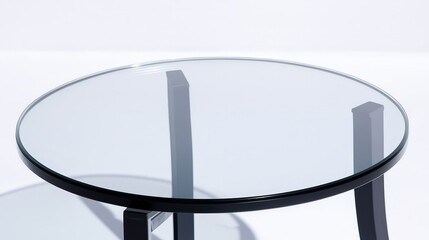 Minimalist glass-top table with black metal legs on white background