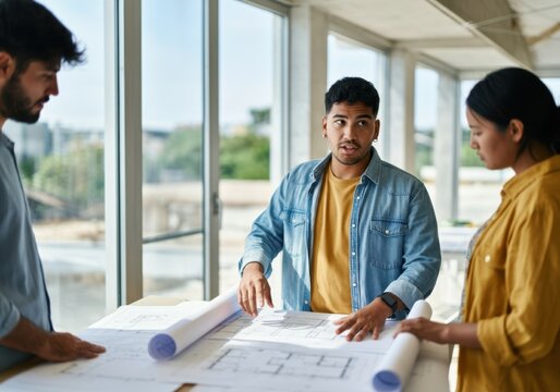 Architects reviewing blueprints in a bright, modern office, highlighting teamwork and collaboration in architectural design