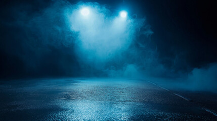 A dark and mysterious scene with a single blue spotlight cutting through the fog. Perfect for creating a haunting atmosphere.