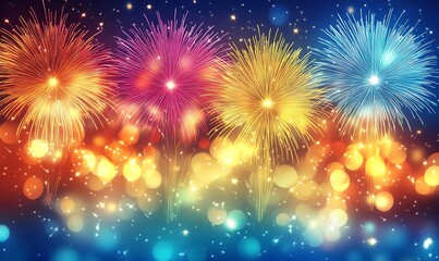 Obraz premium Vibrant Fireworks Display Against Dark Blue Sky 