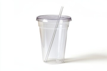 Clear plastic tumbler with lid and straw, empty, set against a white background, minimalist design, suitable for hot and cold drinks.

