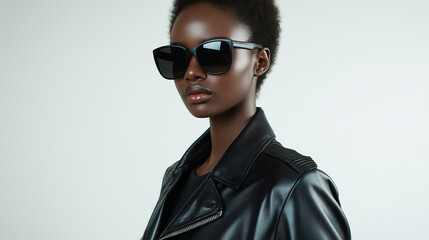 Model in sleek leather jacket with sunglasses, clear background - Clean and modern