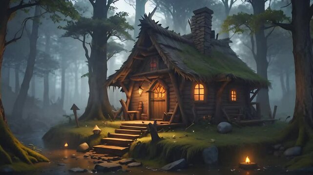 Baba yaga's hut in an enchanted forest with mystical atmosphere. High quality 4k footage