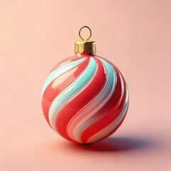 3D events for the luxury New Year. Decorative red and white striped Christmas ornament on a soft pastel background