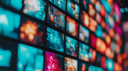 Immersive Digital Wall with Blurred Video Content.Concept of Digital age, information overload, immersive experience, virtual reality,Online news, media, advertising, technology, film industry, gaming