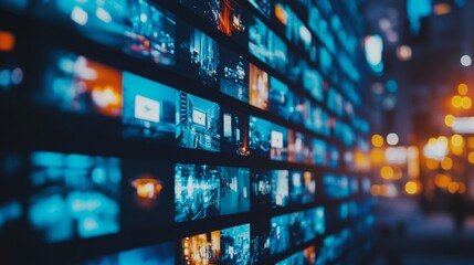 Fototapeta premium Immersive Digital Wall with Blurred Video Content.Concept of Digital age, information overload, immersive experience, virtual reality,Online news, media, advertising, technology, film industry, gaming