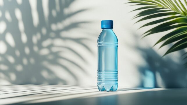 plastic empty bottle against white background with freen lelaves, with copyspace