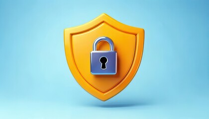 3D technology enhances cybersecurity with biometrics. Vibrant Yellow Shield Icon Featuring Lock Symbol on a Soft Blue Background