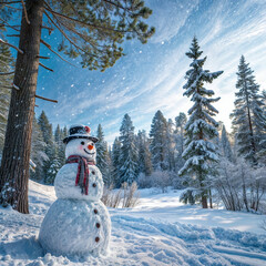 Fototapeta premium A snowman in a hat and scarf stands in a tranquil snowy forest, showcasing the beauty of winter