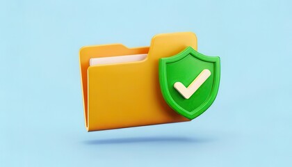 3D technology enhances cybersecurity with biometrics. Digital security concept featuring a yellow folder with a green shield and check mark symbolizing