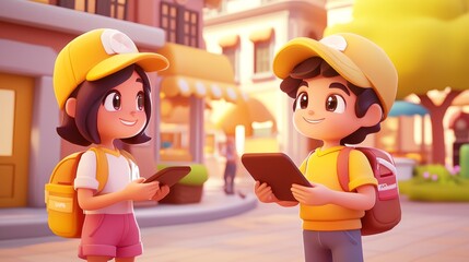 Internet-based Virtual Tour Pastel colored 3D cartoon style illustration.