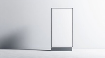 mockup of an empty vertical billboard on a white background, with a grey stand at the bottom, front view