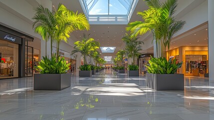 Skylit Atrium with Palm Trees: The Heart of a Vibrant Mall.Concept of Urban oasis, luxury, retail therapy, escapism, modern architecture,Retail, real estate development, interior design, tourism