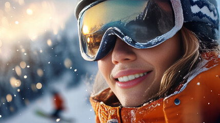 Banner with joyful character skiing snowy mountains, vibrant orange jacket, thrill embracing exhilarating winter adventure breathtaking scenery