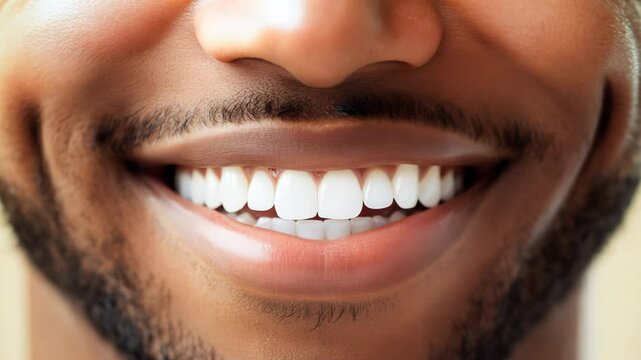 Bearded young man with perfectly aligned white healthy teeth smiling. Oral hygiene, teeth whitening, dentistry, dental treatment commercial footage. Orthodontic patient at the end of the treatment.