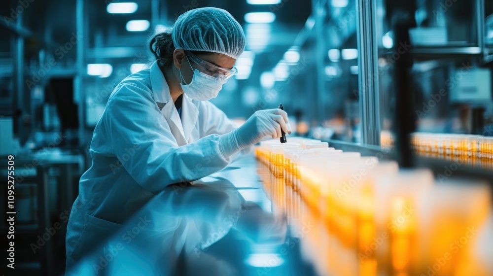 Poster a worker in a lab coat inspecting bottles on a conveyor belt