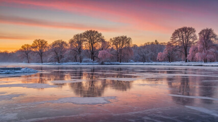 Fototapeta premium Lago helado y árboles nevados con un cielo colorido al atardecer
