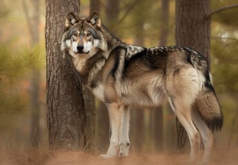 Fototapeta premium Majestic Gray Wolf Standing Among the Trees in a Natural Forest Setting, Capturing the Essence of Wildlife and Nature in a Serene Environment