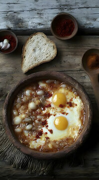 Traditional Rustic Spanish Sancochado Dish with Eggs on Wooden Table Surrounded by Spices, Bread, and Ingredients Showcasing Culinary Heritage
