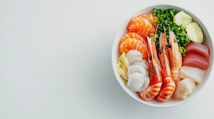 きれいな白い背景に新鮮なシーフードボウル - 寿司のおいしさを空から見る