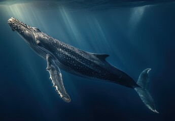 Naklejka premium Majestic Humpback Whale Swimming Gracefully Through Deep Blue Ocean Water Illuminated by Sunlight from the Surface, Capturing the Serenity of Marine Life