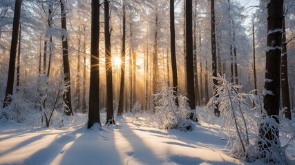 Obraz premium Paisaje sereno de invierno con nieve y rayos de sol