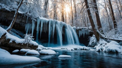 Cascada congelada al sol en un paisaje de invierno