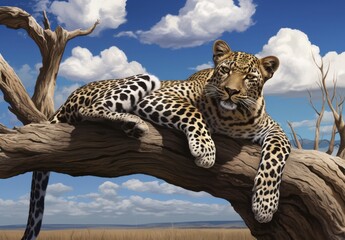 Obraz premium Majestic Leopard Relaxing on a Branch in the Serengeti Under a Beautiful Blue Sky Surrounded by Fluffy Clouds and Savanna Landscape