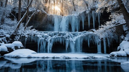 Paisaje natural de invierno con cascada congelada y &aacute;rboles