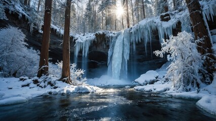 Cascada de hielo rodeada de naturaleza invernal nevada