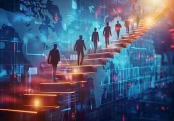 People ascending digital stairs in a global network illustration during a technology-driven era