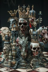 Fototapeta premium Unique chess set featuring skulls and animal figures with crowns in a dark setting