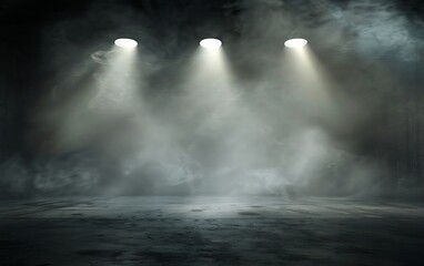 Empty stage with smoke and spotlights. Stage background with smoke.