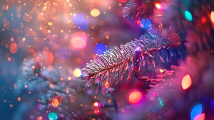 Fototapeta premium Colorful bokeh lights shine on pine branches during a festive winter evening